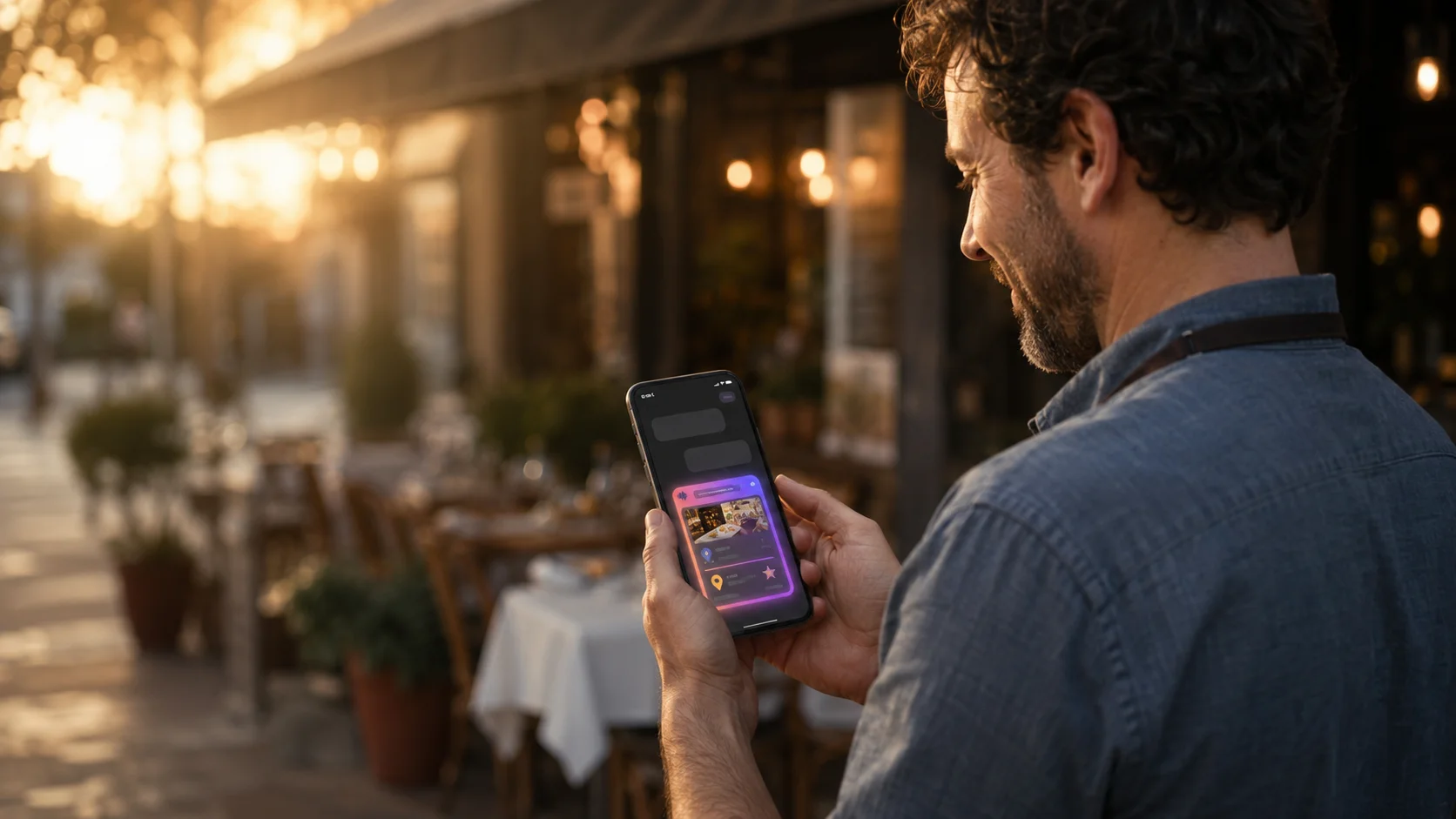 Restaurador a verificar no telemóvel se o ChatGPT recomenda o seu restaurante, com a esplanada do estabelecimento ao fundo