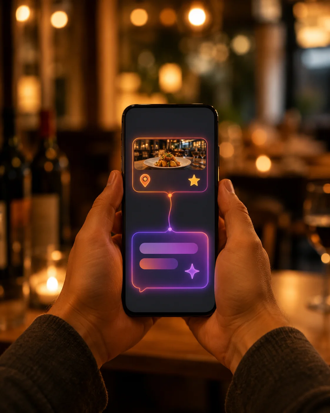 Ecrã dividido com a ficha do Google de um restaurante de um lado e uma conversa do ChatGPT a recomendar restaurantes do outro, em composição vertical para o artigo em destaque do blog