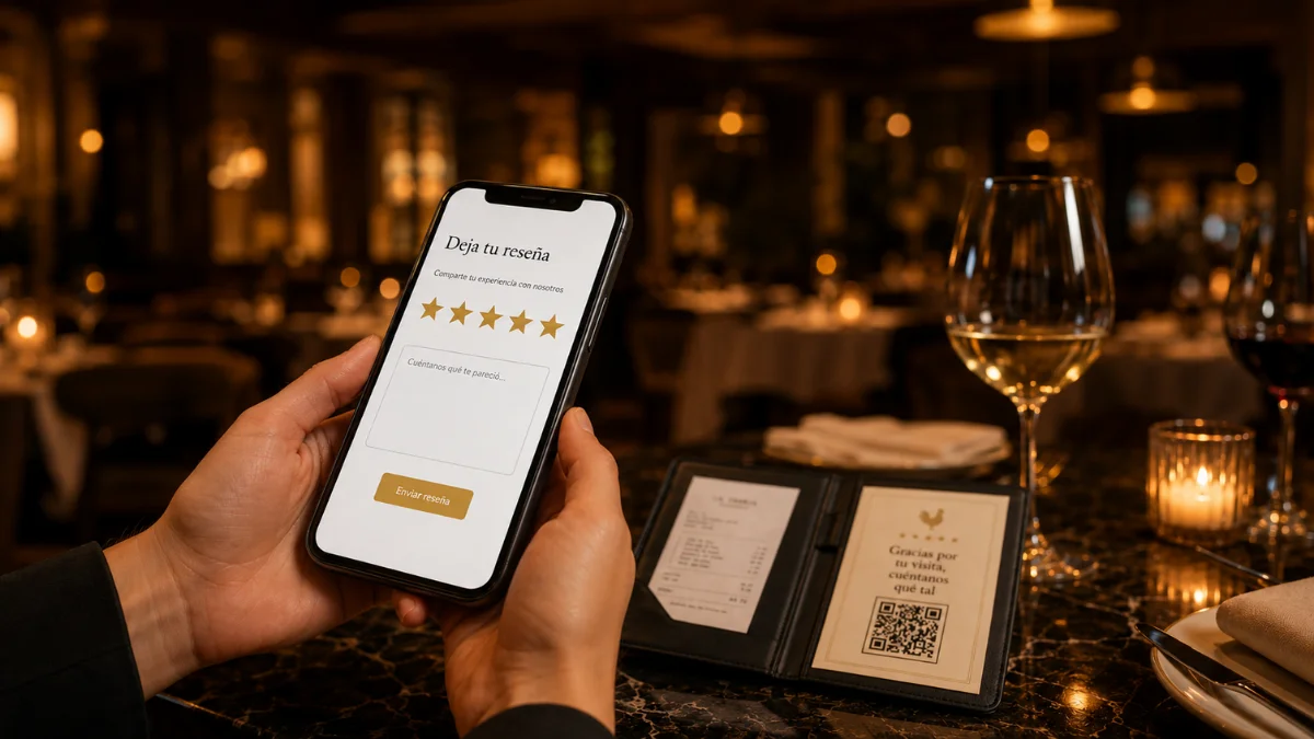 Cliente a deixar uma avaliação de cinco estrelas na ficha do Google de um restaurante a partir do telemóvel depois de pagar a conta