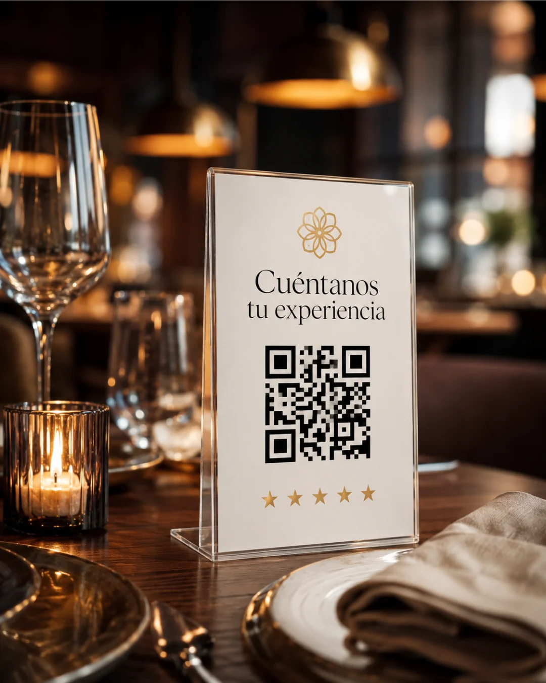 A stand or acrylic display on a restaurant table with a QR code, five stars, and the message "Tell us about your experience" inviting the guest to leave a review