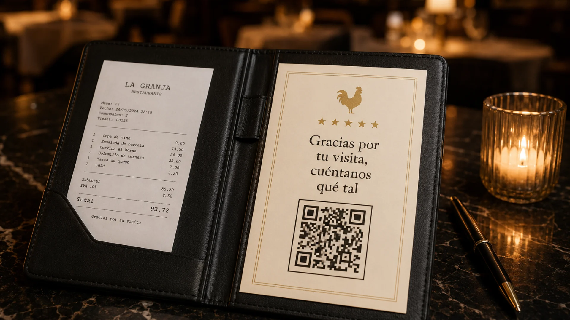 Server handing over the bill in a bill holder with a large QR code and the message "Thanks for your visit, tell us how it went" to ask for a review at the moment of payment in a restaurant