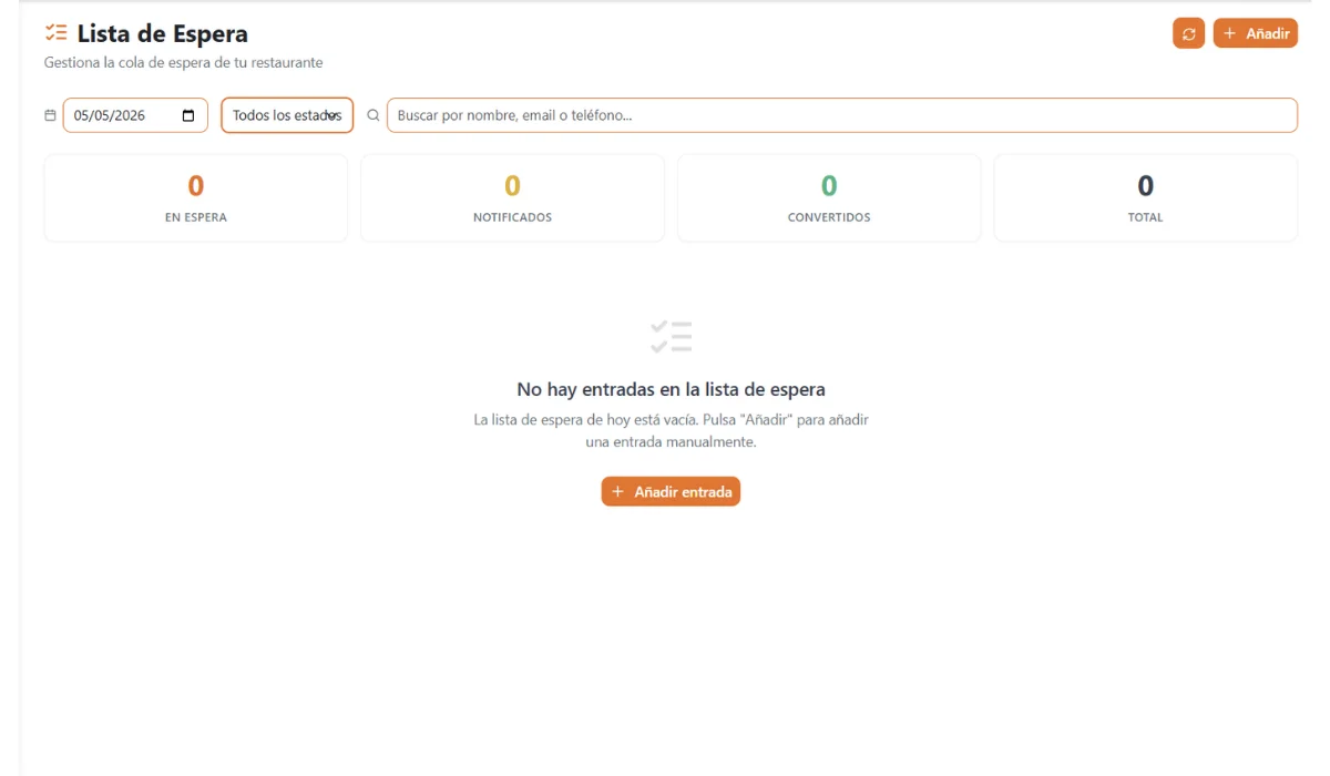 Captura de la lista de espera de Plattio mostrando grupos en cola, tiempos estimados, canal de aviso y estado de cada entrada.