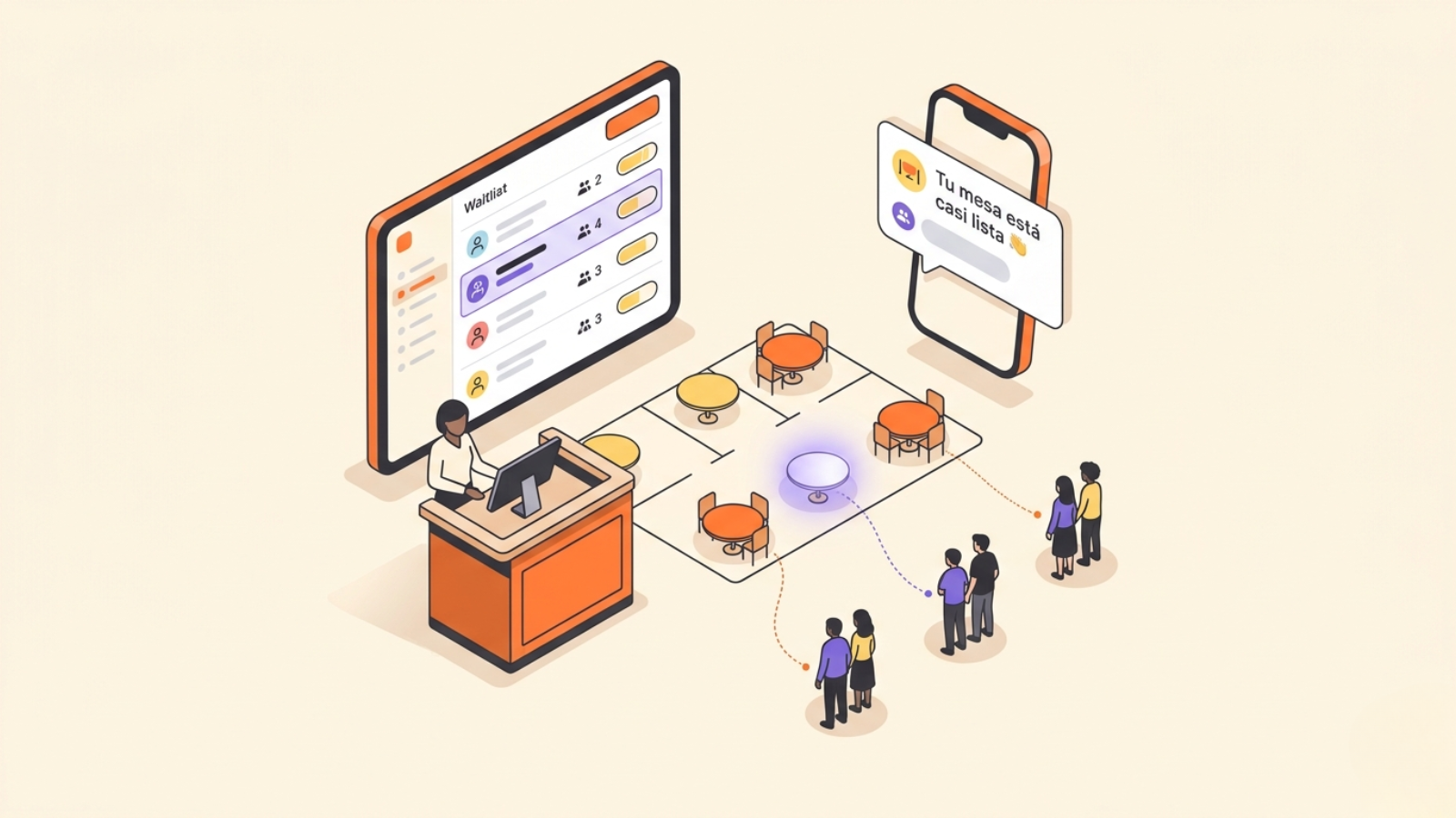 Equipo de recepción gestionando la lista de espera de un restaurante con reservas, plano de mesas y avisos al cliente