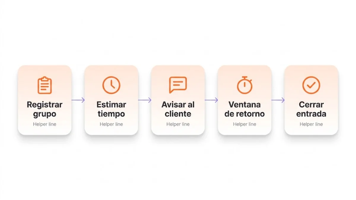 Diagrama de flujo de la lista de espera de un restaurante: registro del grupo, estimación de tiempo, aviso al cliente, ventana de retorno y estado final.