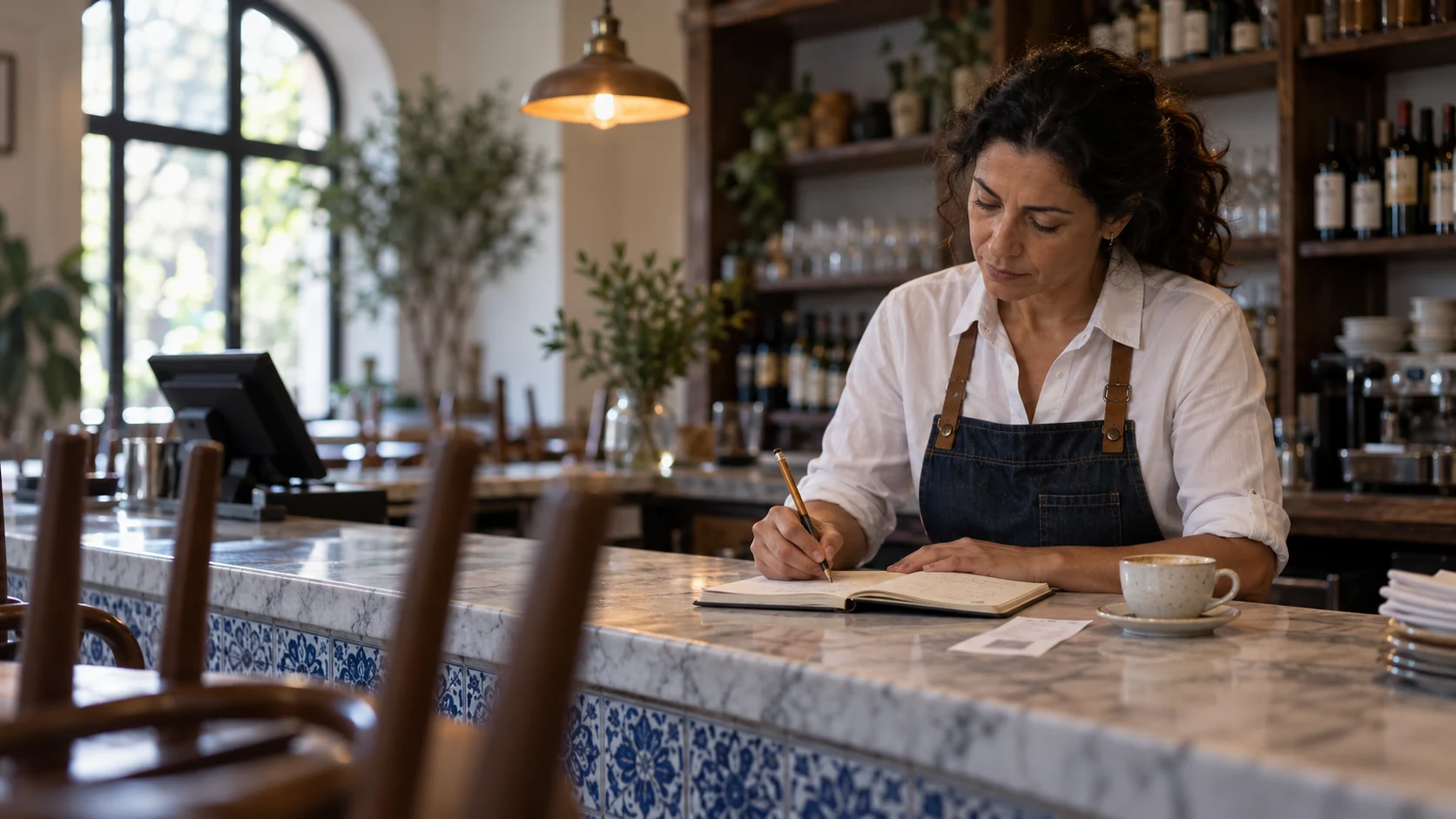 Restaurant manager writing in an open planner on the marble bar in the morning, with a coffee, a receipt and the POS terminal beside her