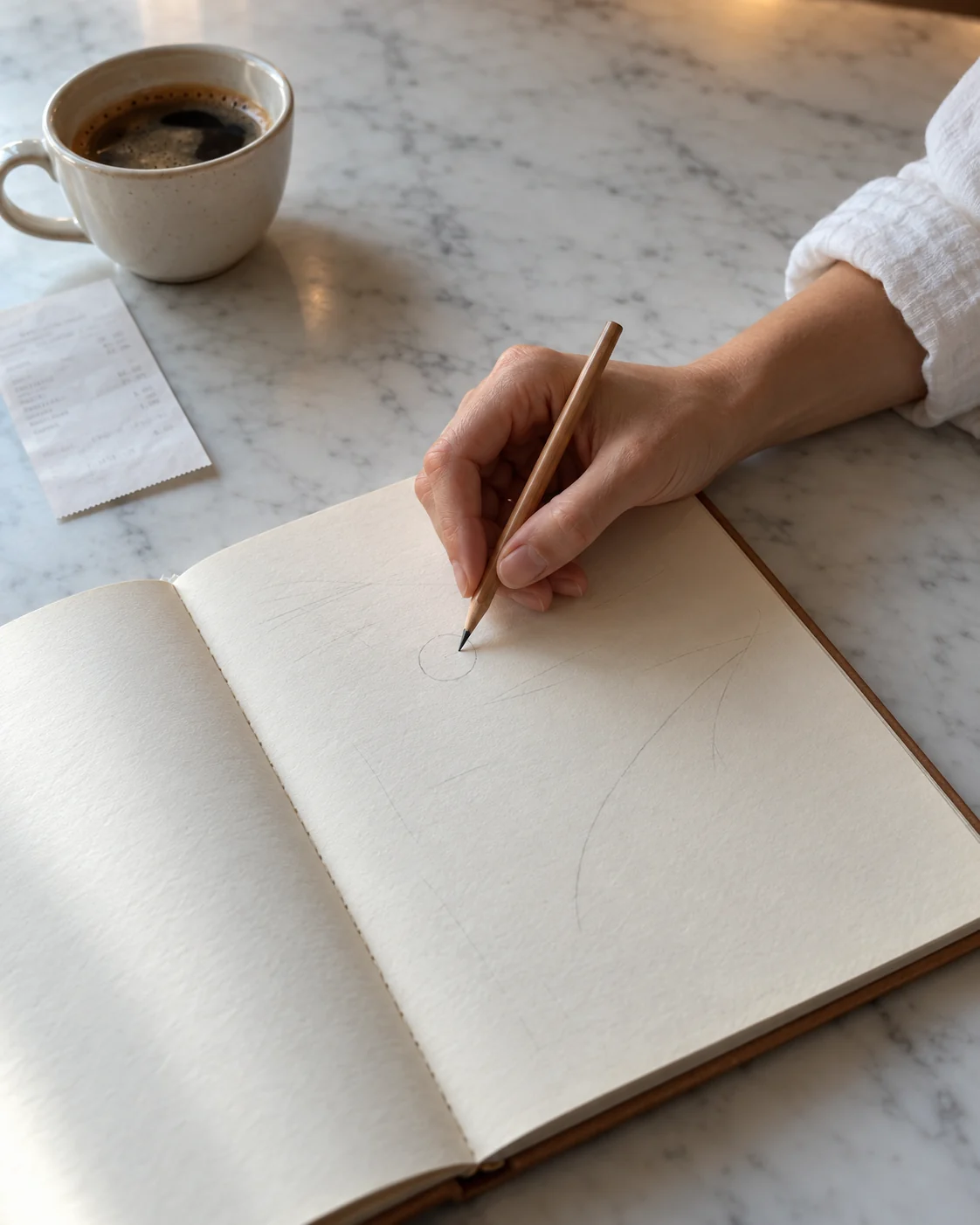 Mano che traccia a matita un piccolo cerchio sulla pagina bianca di un’agenda su un banco di marmo, accanto a un caffè e a uno scontrino, in composizione verticale
