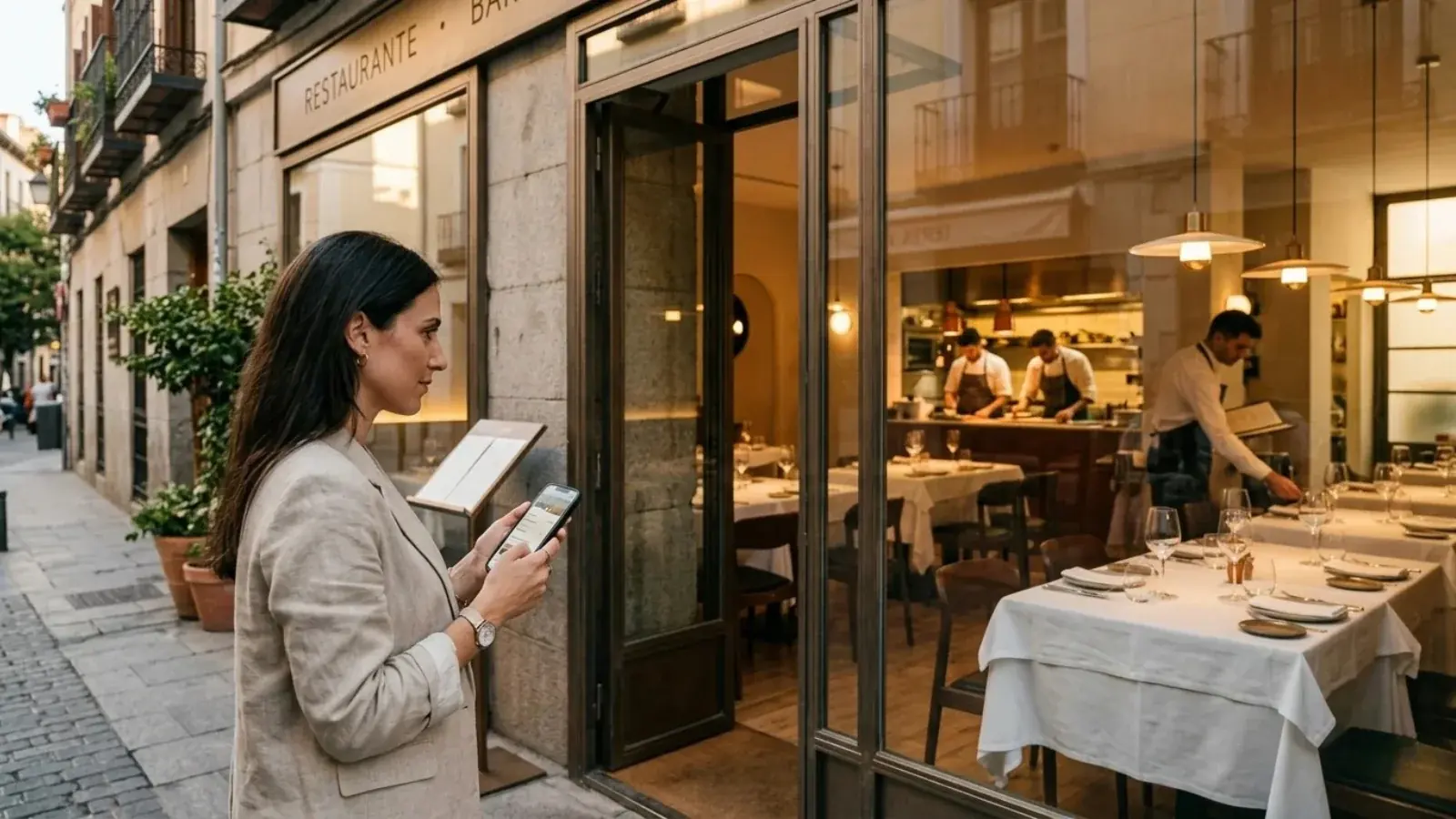 Cliente revisando la web, las reseñas y la reserva online de un restaurante antes de decidir su visita