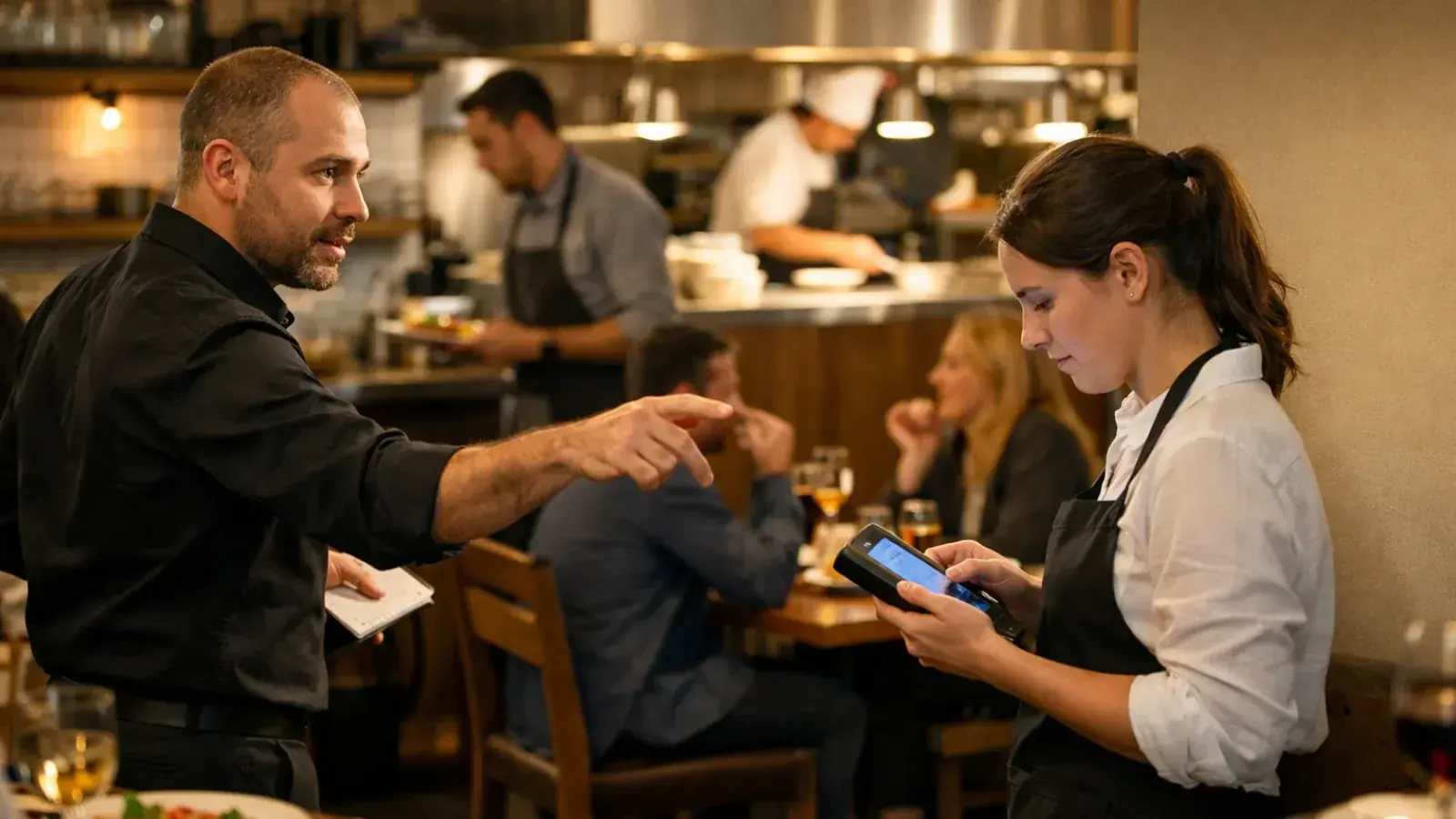 Equipo de restaurante coordinando sala y cocina en hora punta para evitar cuellos de botella y mantener el ritmo del servicio