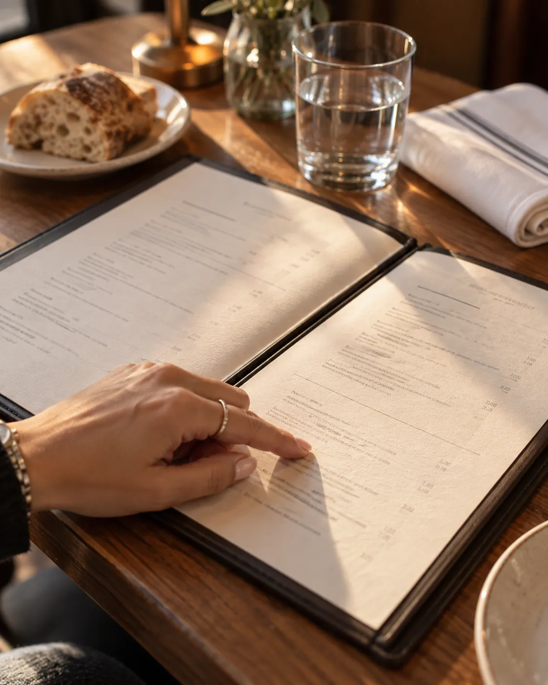 Carta de restaurante abierta con una mano señalando la línea de suplementos, en composición vertical