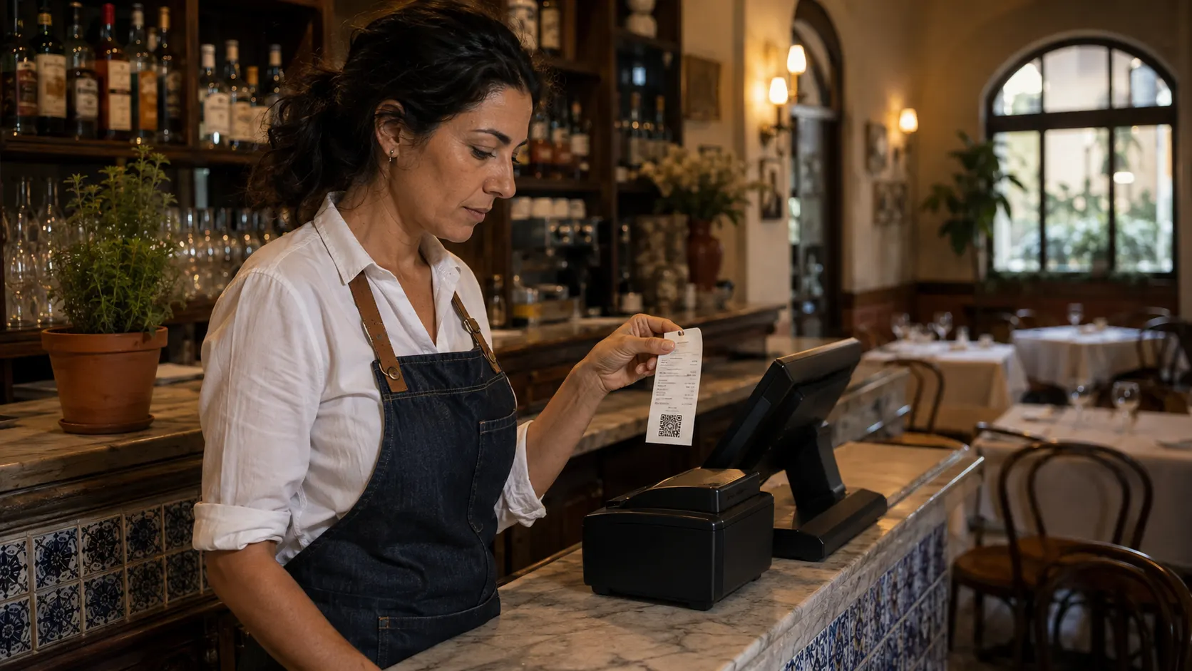 Responsabile di un ristorante che legge accanto al banco uno scontrino appena stampato con codice QR fiscale, con la sala dai tavoli apparecchiati sullo sfondo