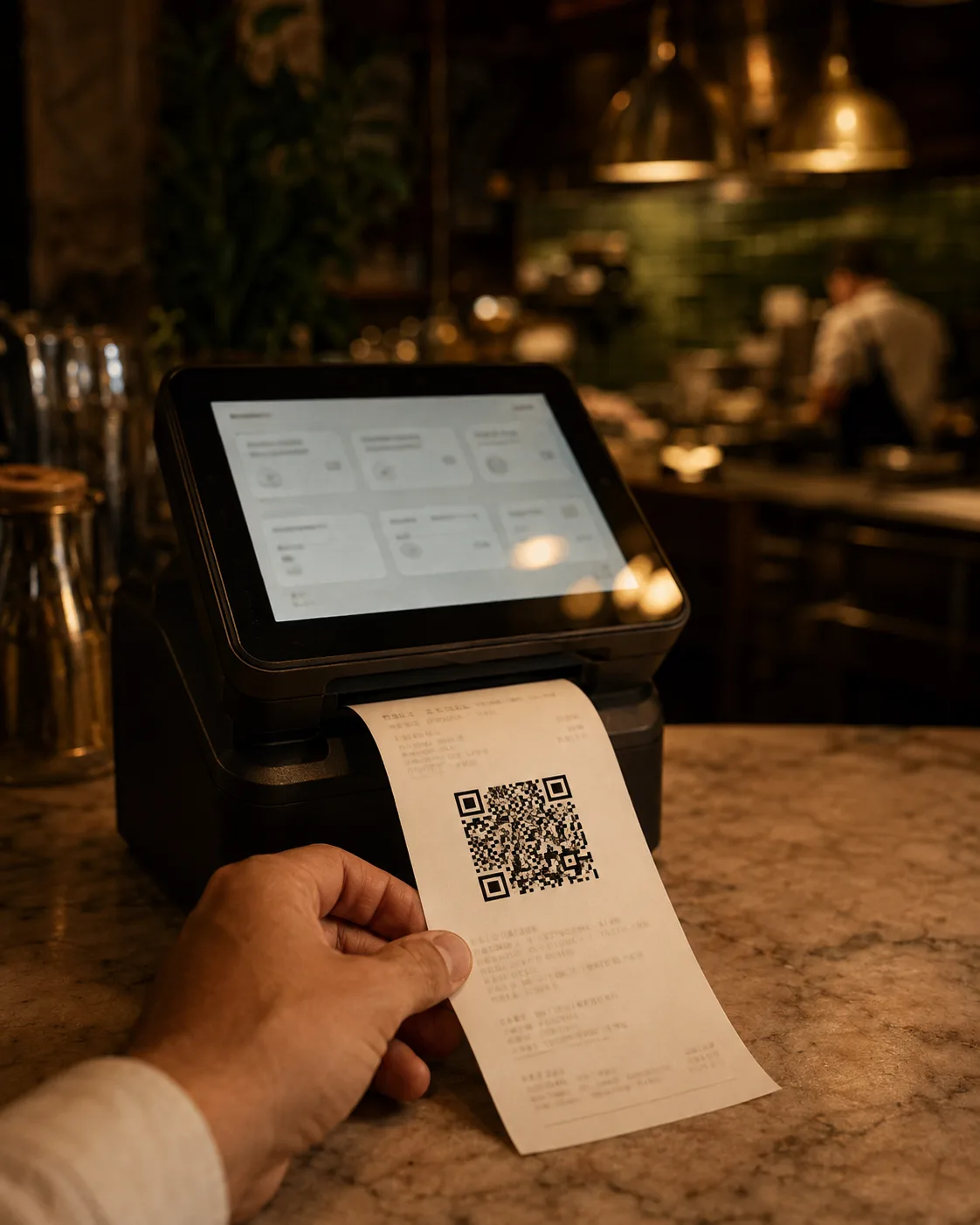 TPV de restaurante emitiendo un ticket con código QR de VeriFactu que una mano sujeta, con la cocina desenfocada al fondo, en composición vertical