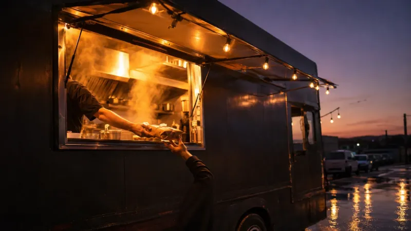 A food truck at dusk with its window lit