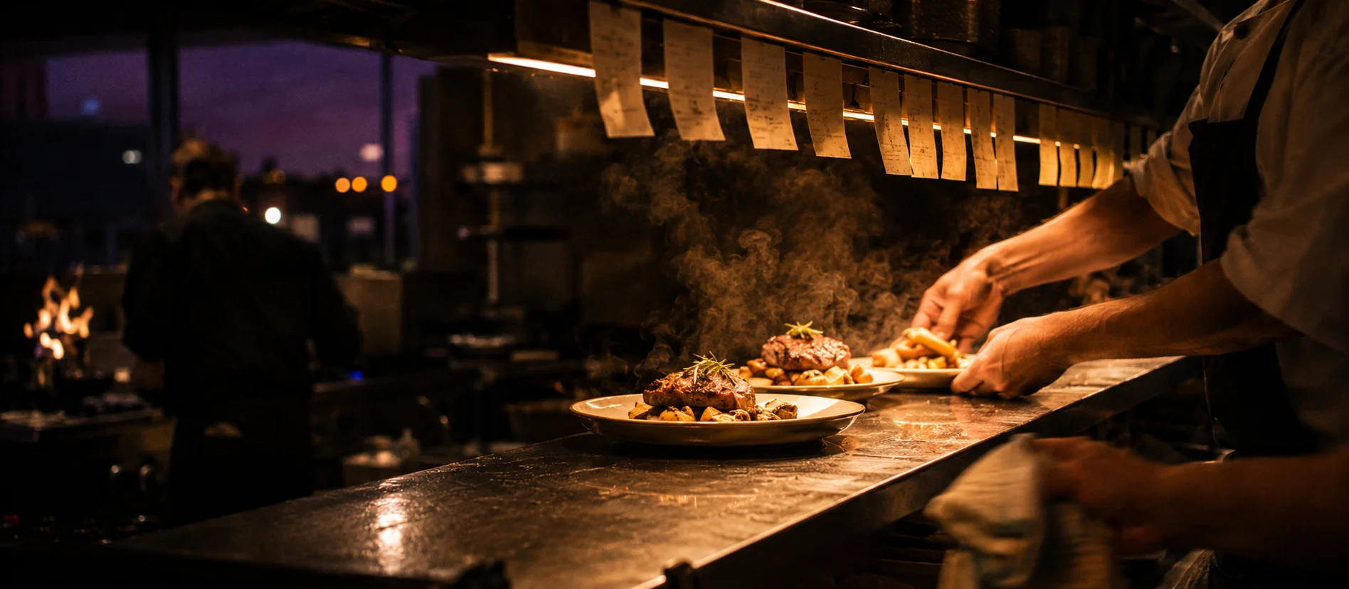 A restaurant kitchen pass in the middle of the rush