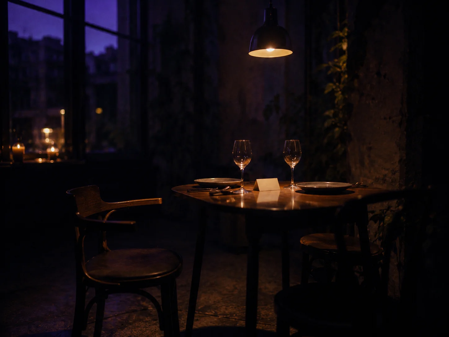Mesa de restaurante vazia sob um foco de luz quente