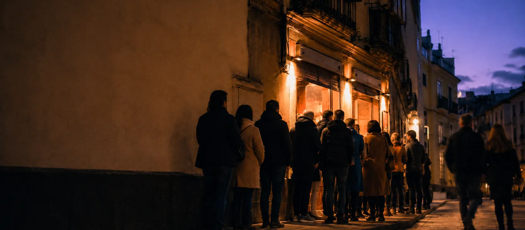 Guests waiting for a table outside a restaurant at dusk