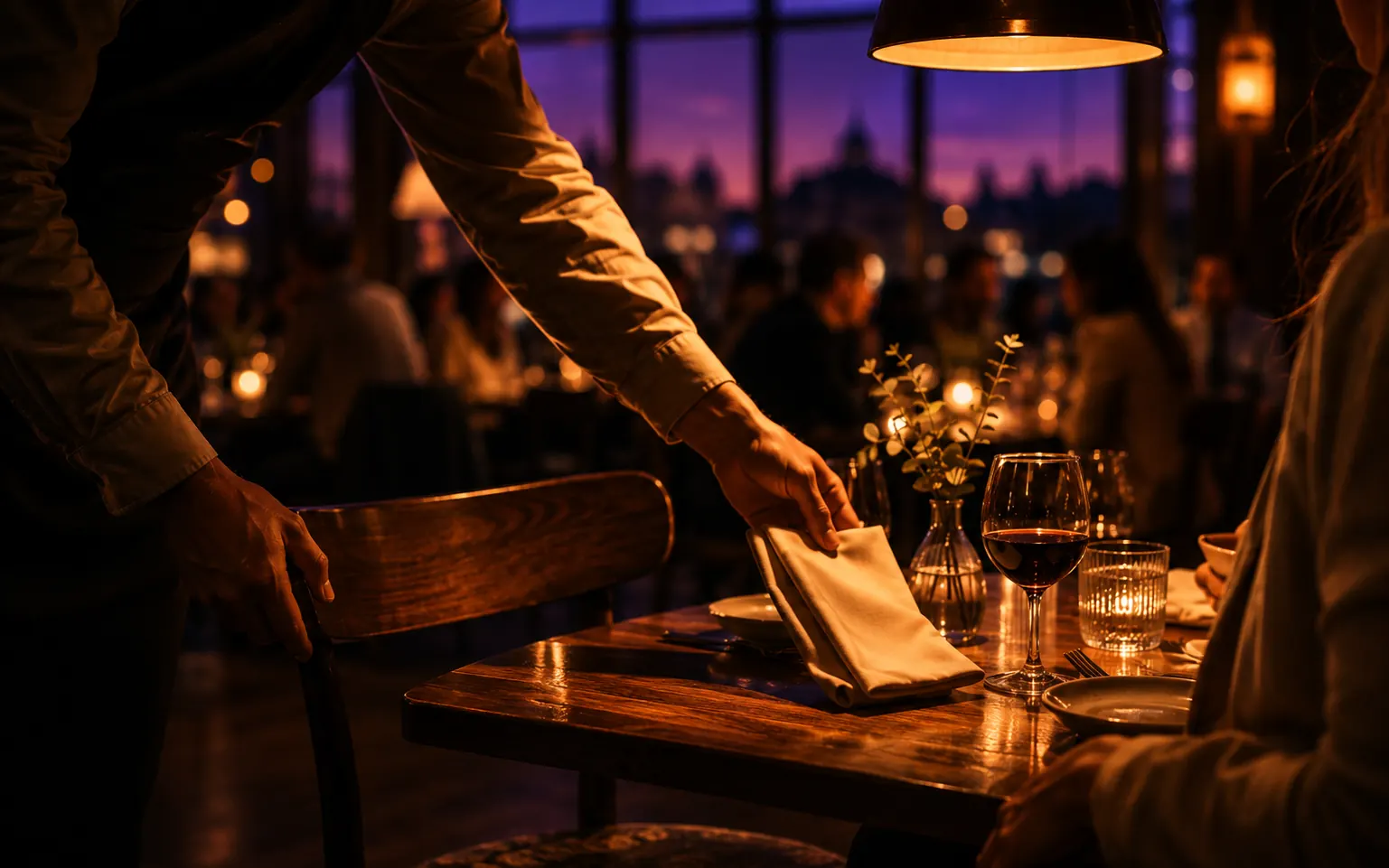 A waiter seating a party at a table that has just freed up