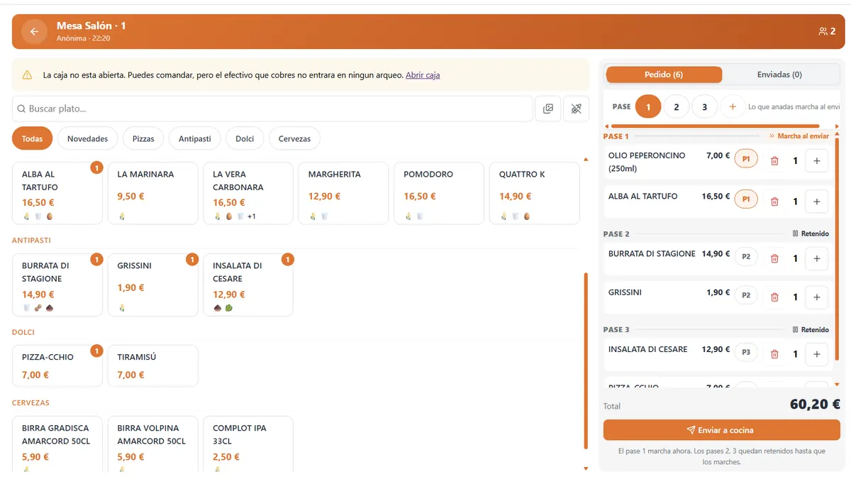 Plattio · Comandero digital: la comanda de una mesa por pases, con la carta por categorías, alérgenos y envío a cocina